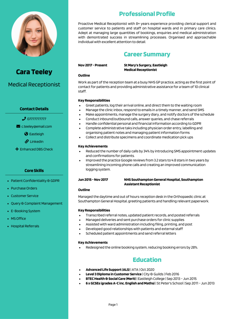 Medical Receptionist CV 1