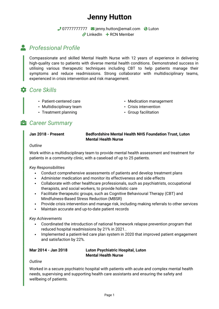 Mental Health Nurse CV 1