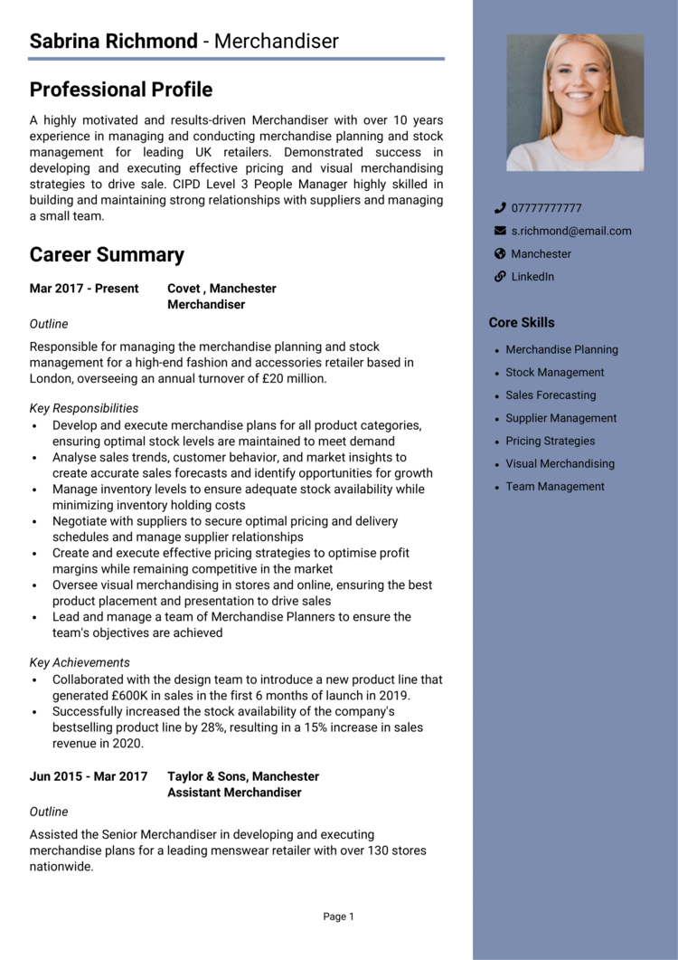 Visual Merchandiser Senior Client Advisor Resume Sample