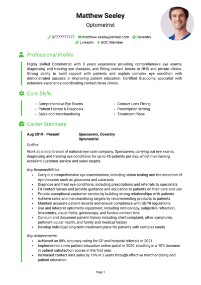 Optometrist CV examples