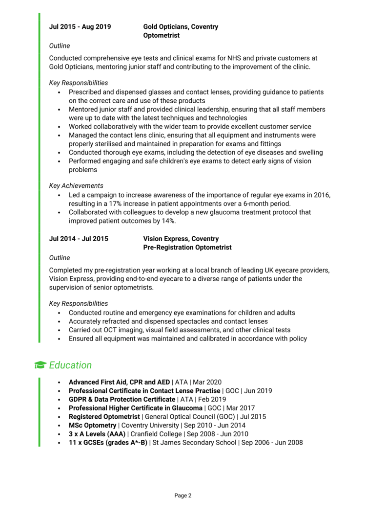 Optometrist CV 2