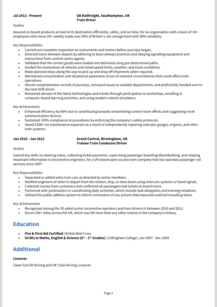 Train Driver CV example + guide [Get noticed]