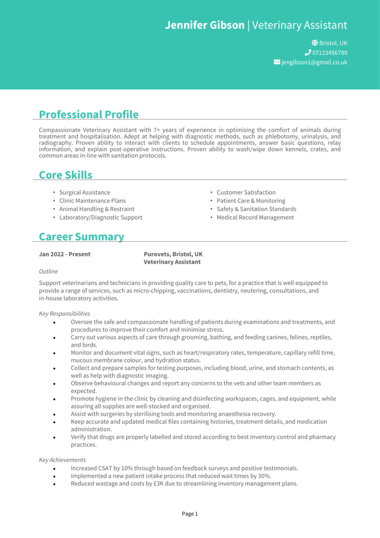 Veterinary Assistant CV example + guide [Win job interviews]