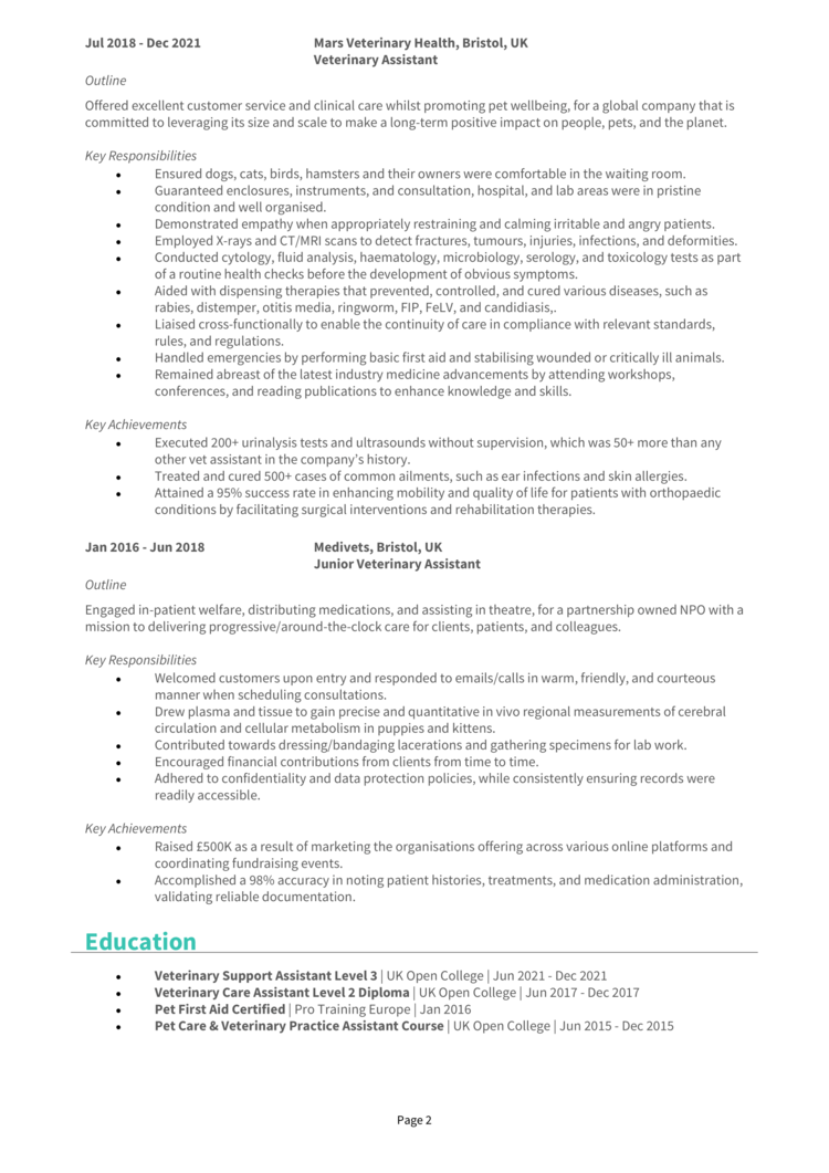 Veterinary Assistant CV 2