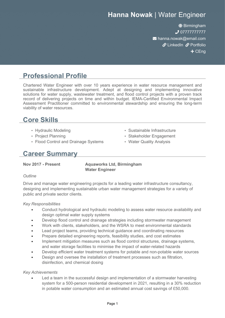 Water Engineer CV 1