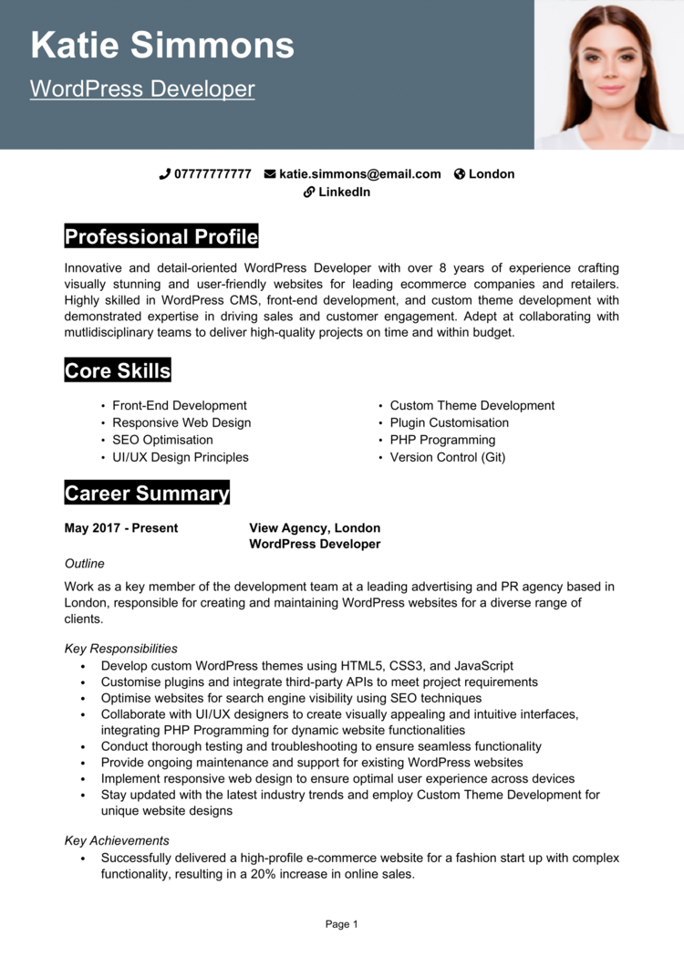 WordPress Developer CV 1