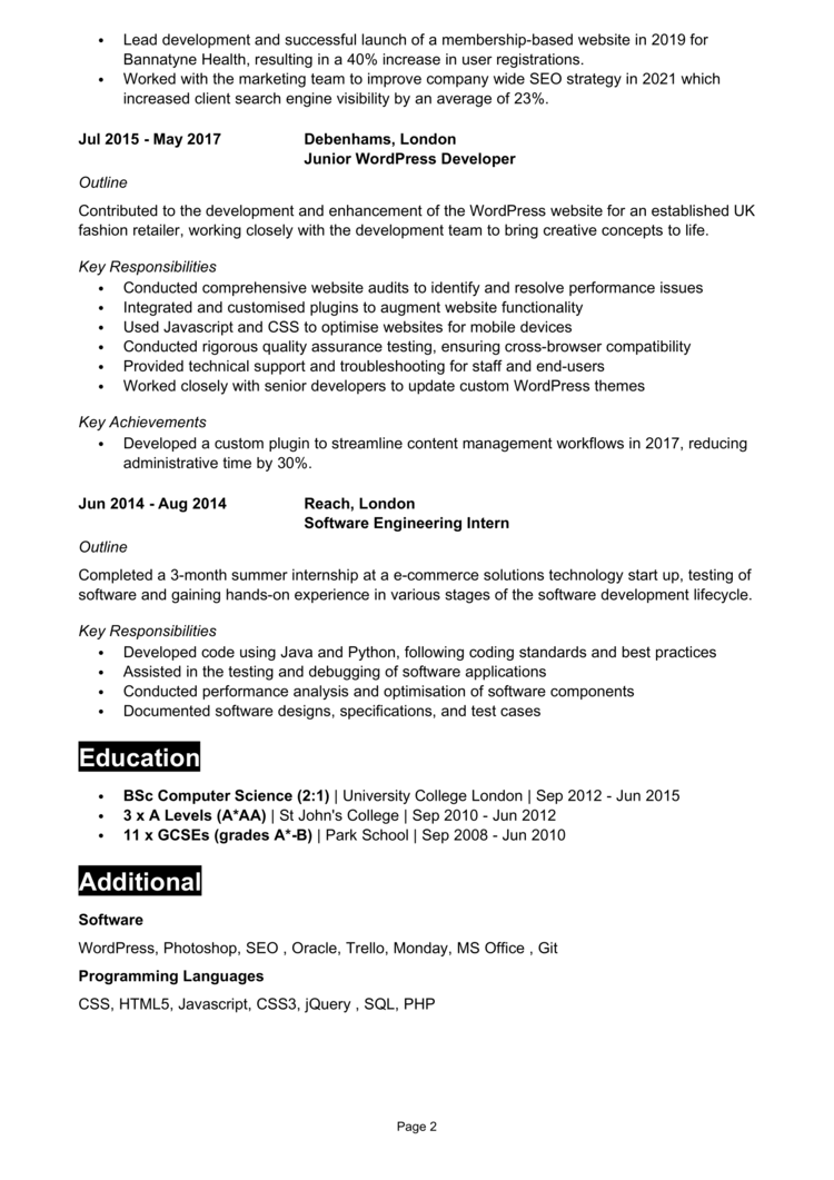 WordPress Developer CV 2