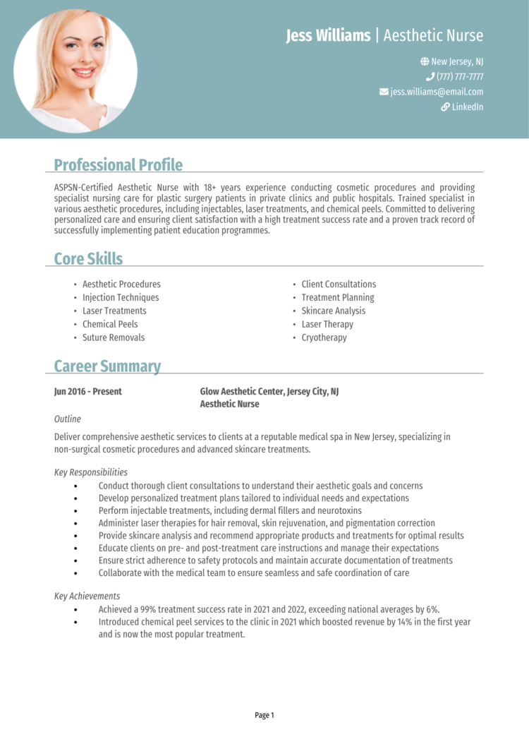 Aesthetic Nurse resume example guide Secure interviews