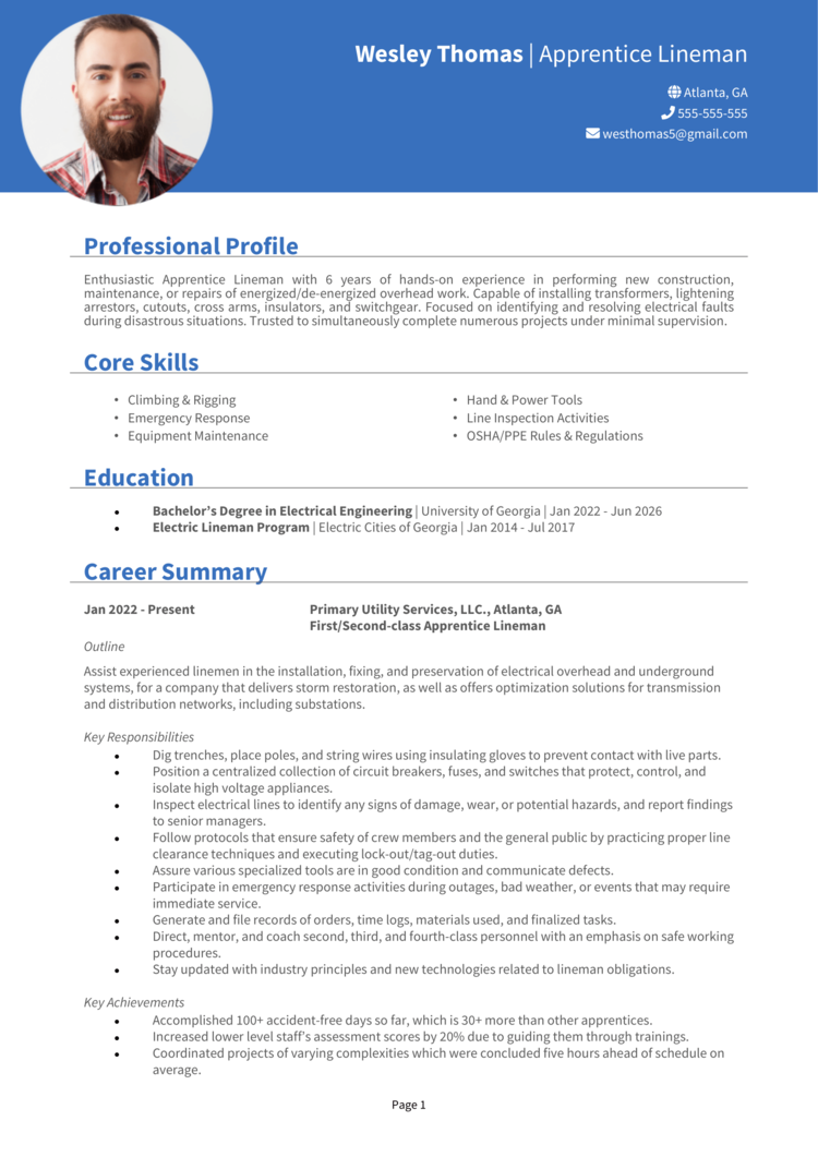 Apprentice Lineman Resume 1