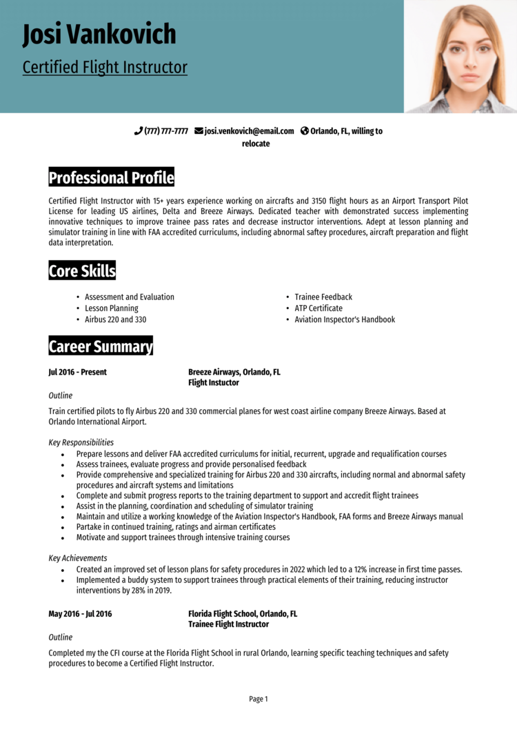 CFI (Certified Flight Instructor) Resume 1