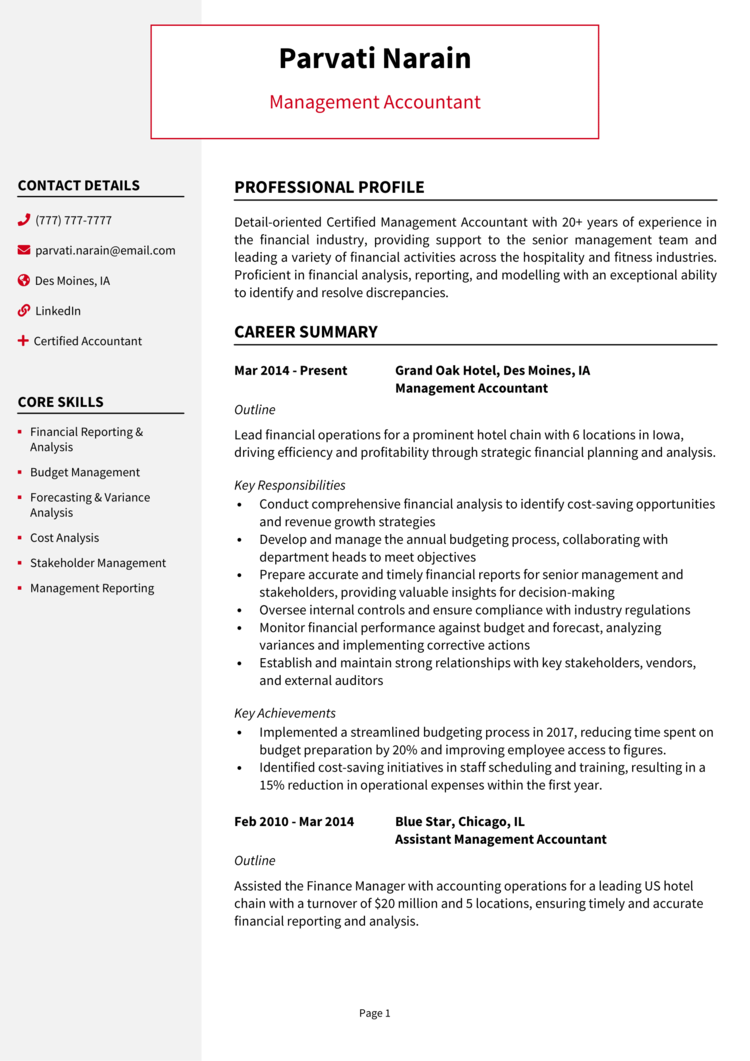 CMA (Certified Management Accountant) Resume 1