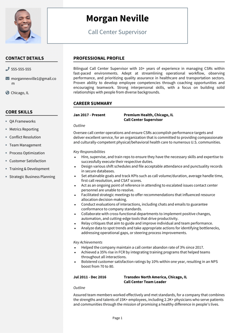 Call Center Supervisor Resume 1