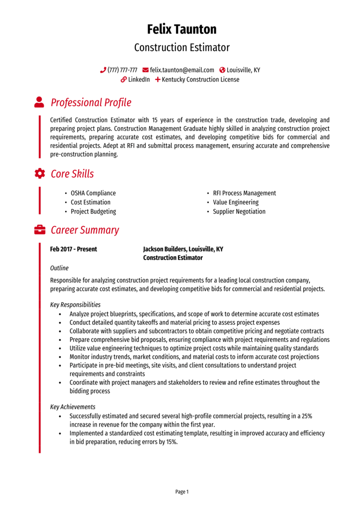 Construction Estimator resume example guide Get noticed