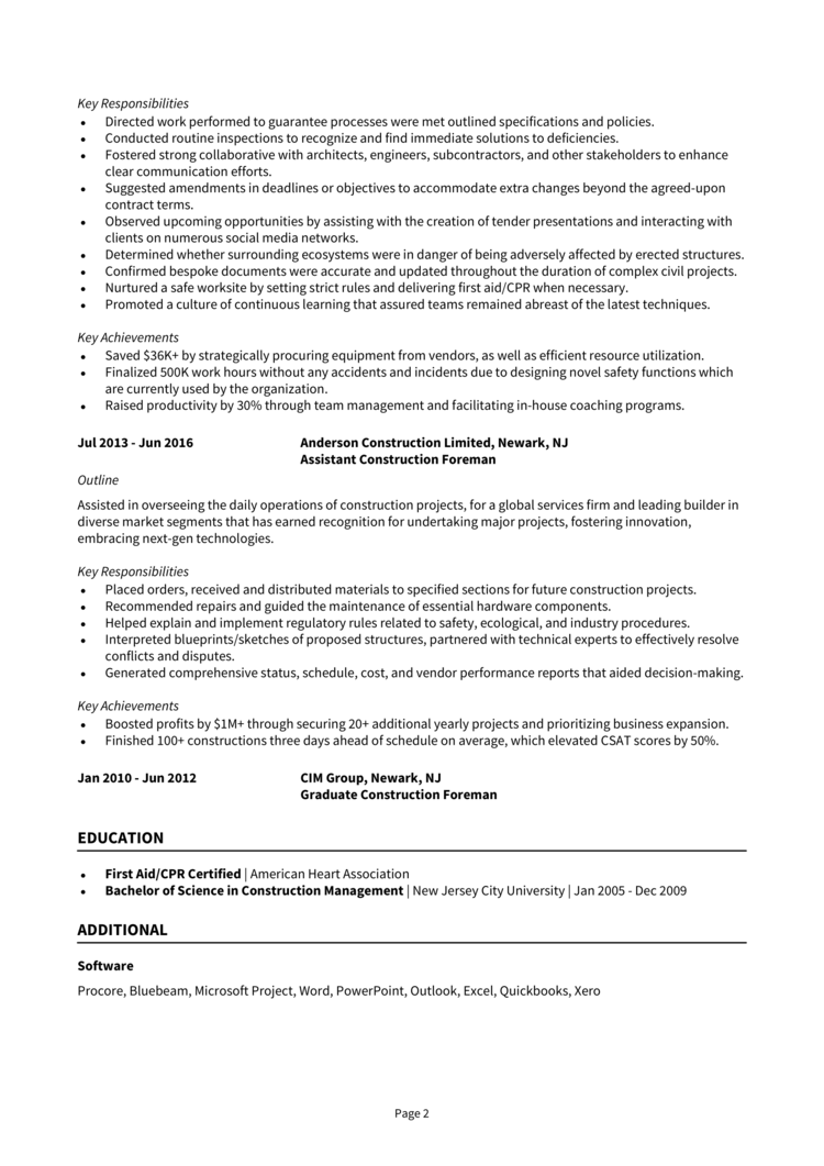 Construction Foreman resume example + guide [Get top jobs]