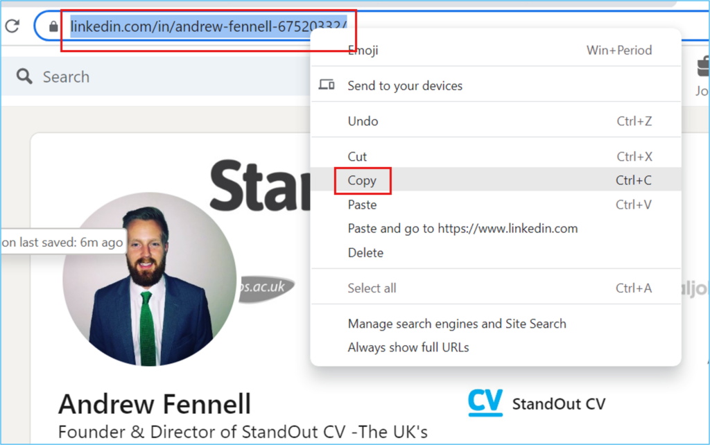 how to copy linkedin profile url for cv