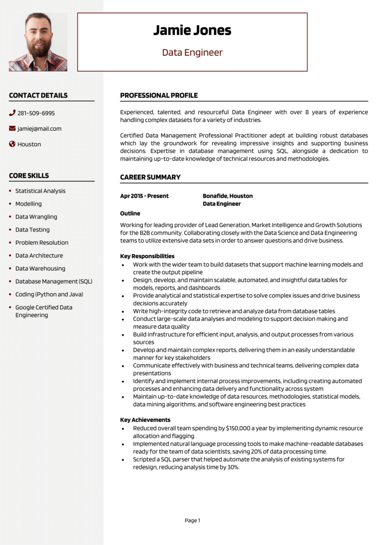 8 Engineer Resume Examples Template And Guide Get Hird   Data Engineer Resume 1 