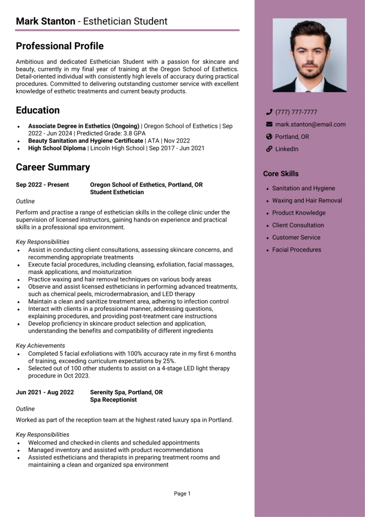 Esthetician Student resume example + guide [Get hired fast]