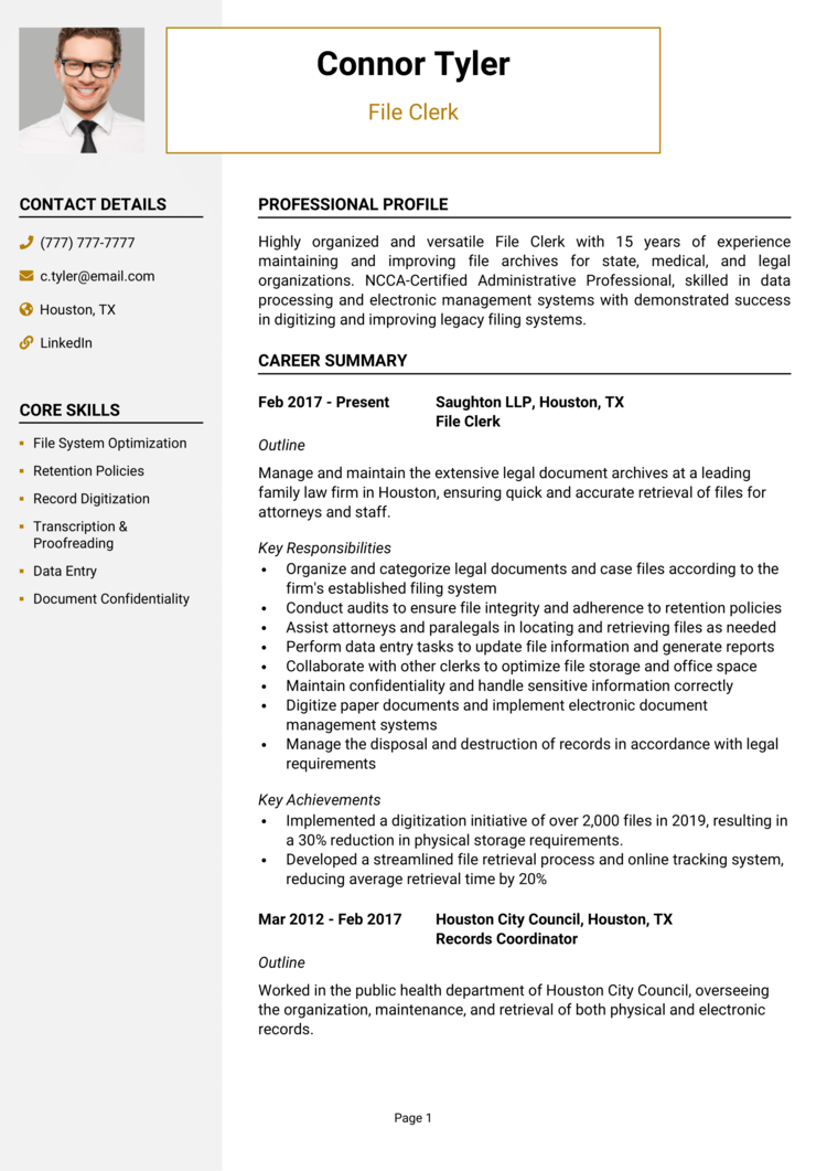 File Clerk Resume Example Guide Secure Interviews   File Clerk Resume 1 