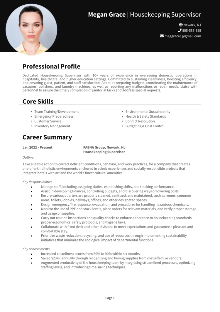 resume examples for housekeeping