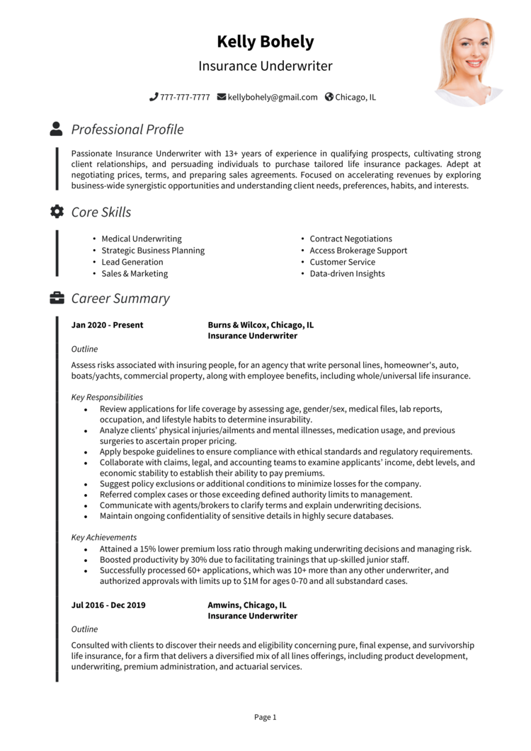 Insurance Underwriter Resume Example Guide Land Top Jobs   Insurance Underwriter Resume 1 