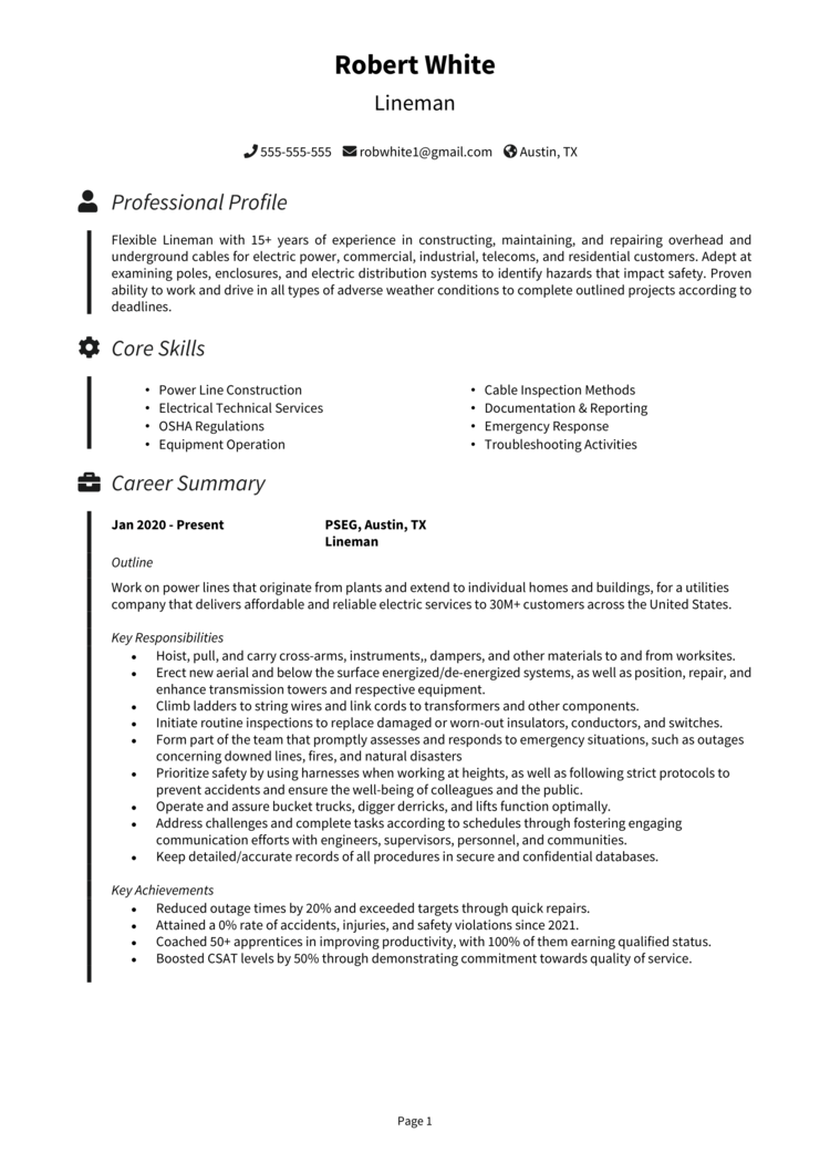 summary for resume lineman