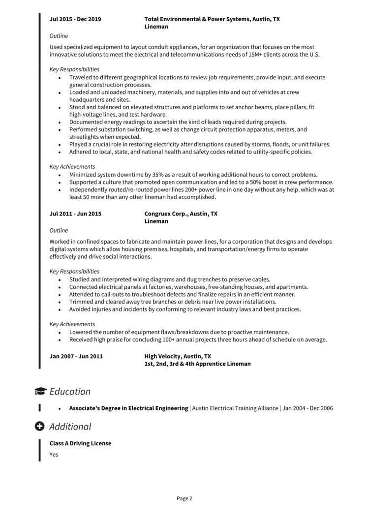 summary for resume lineman