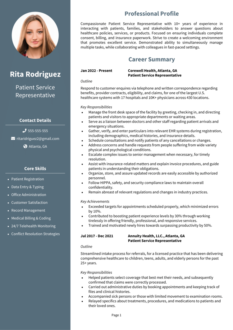 Patient Service Representative Resume 1