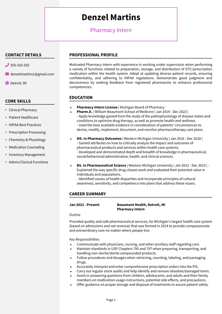 Pharmacy Intern resume example + guide [Secure interviews]