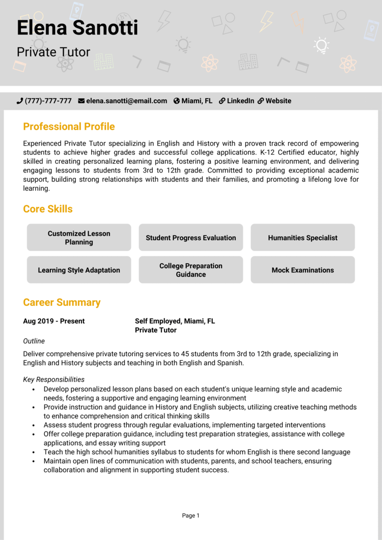 Private Tutor resume example + guide [Land job interviews]