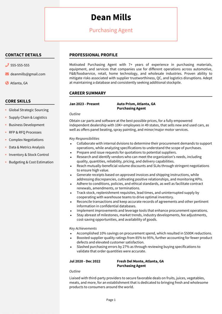 Purchasing Agent Resume Example Guide Get Noticed   Purchasing Agent Resume 1 