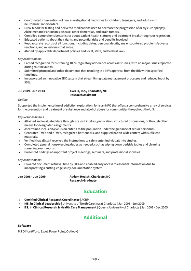 research study coordinator resume