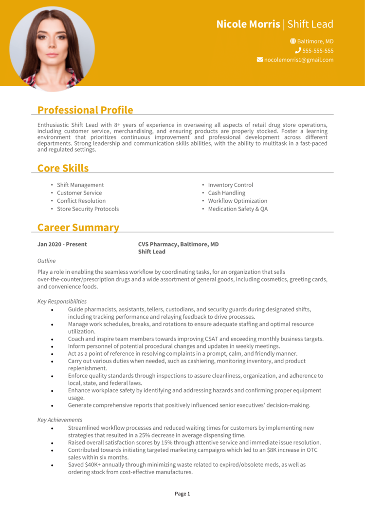 Shift Lead Resume 1