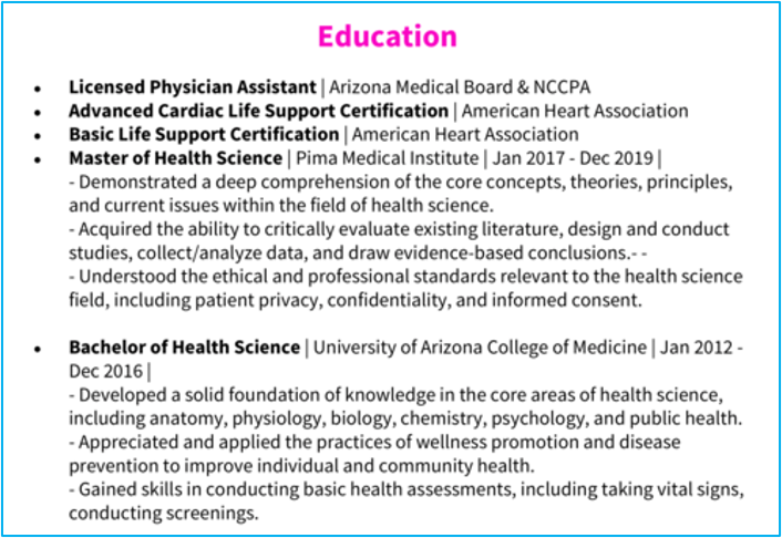 Student CV education section