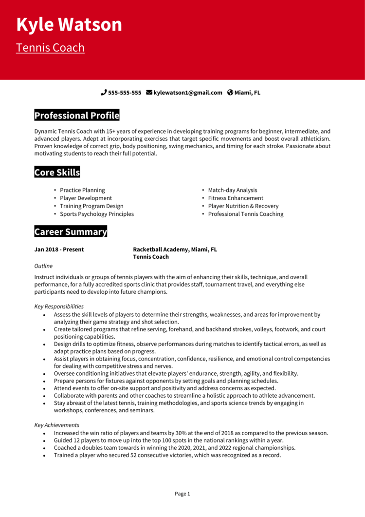 Tennis Coach Resume Examples & Writing tips 2024 (Free Guide)