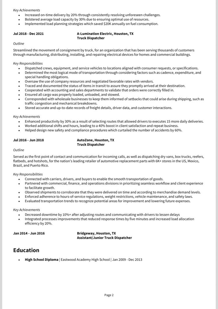 transportation dispatcher resume sample