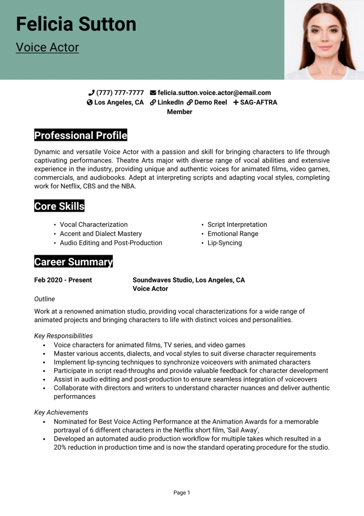 Voice Actor resume example & guide [Get hired]