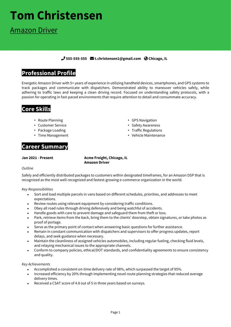 Amazon Driver Resume 1