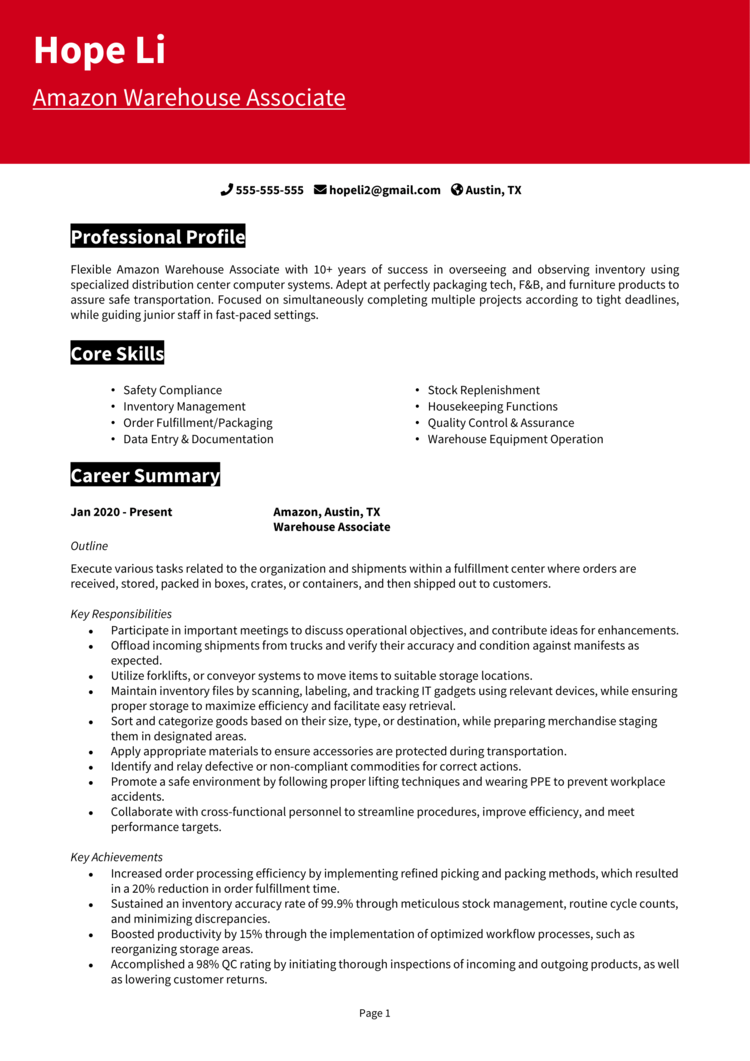 Amazon Warehouse Associate resume example + guide [Get jobs