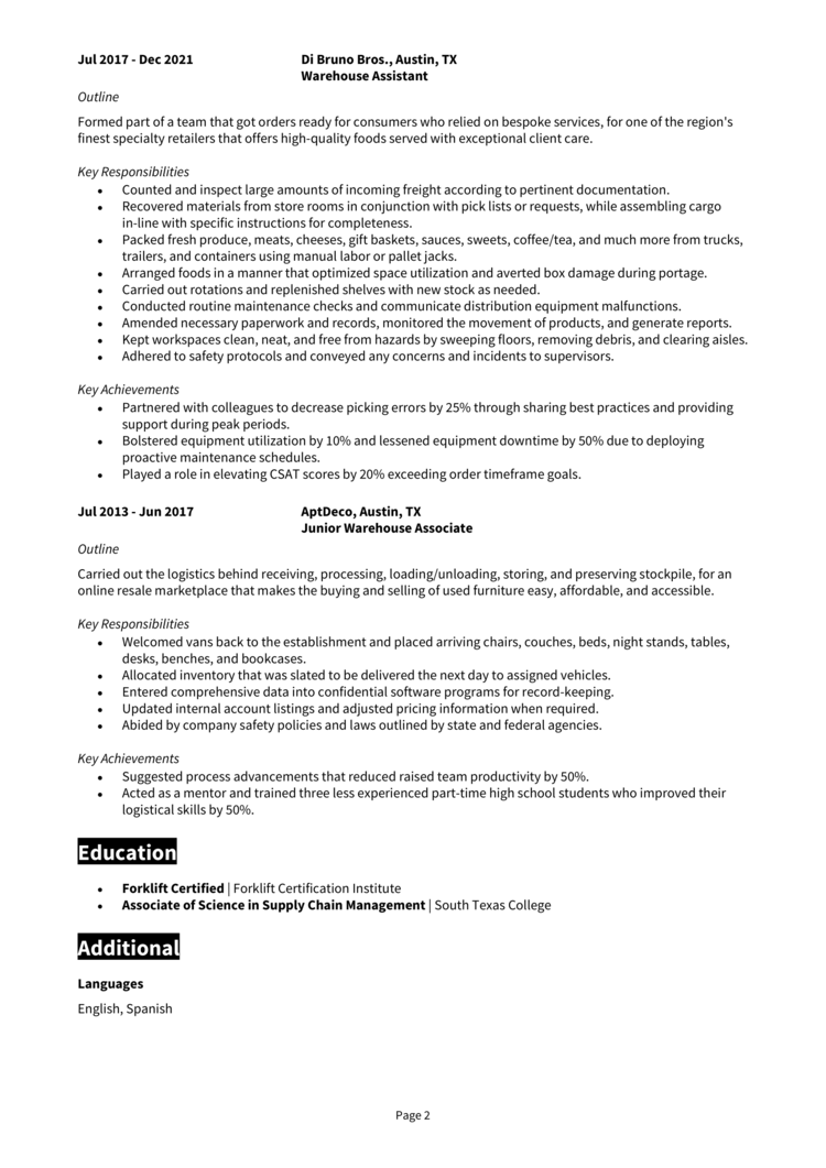 Amazon Warehouse Associate Resume 2 