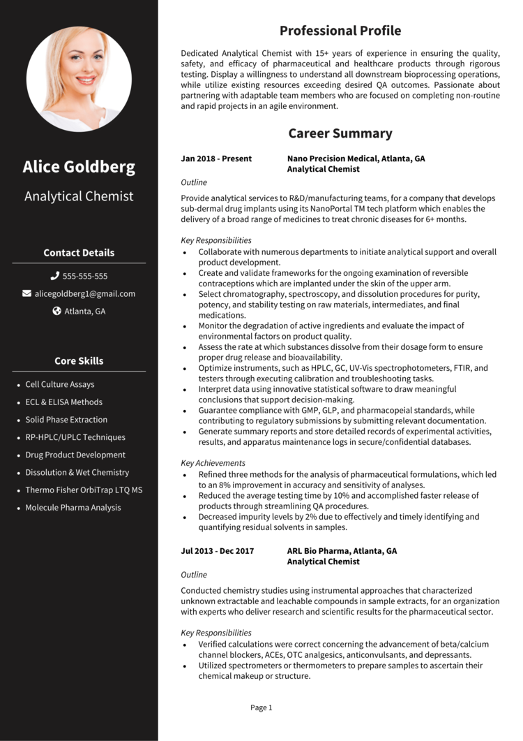 Analytical Chemist Resume Example Guide Get A Great Job   Analytical Chemist Resume 1 