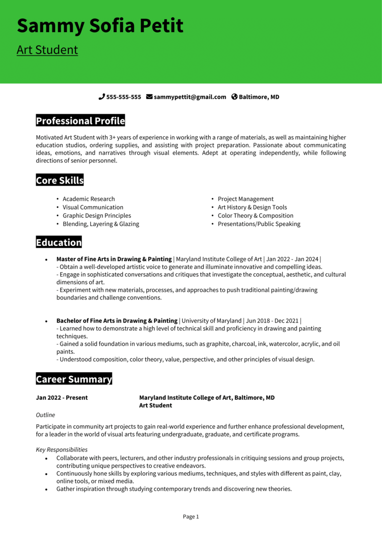 Art Student Resume 1