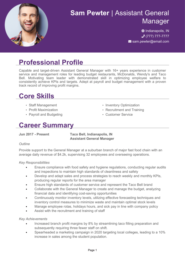 Assistant General Manager Resume Example Guide Get Jobs   Assistant General Manager Resume 1 