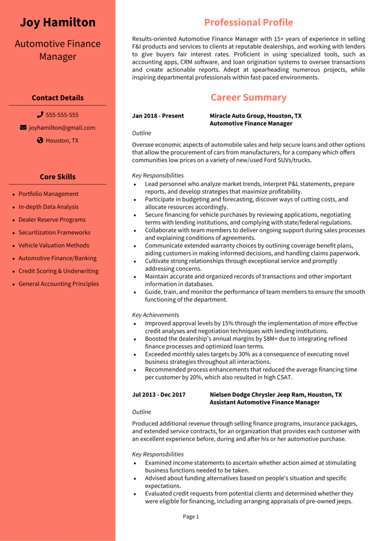 Automotive Finance Manager Resume 1