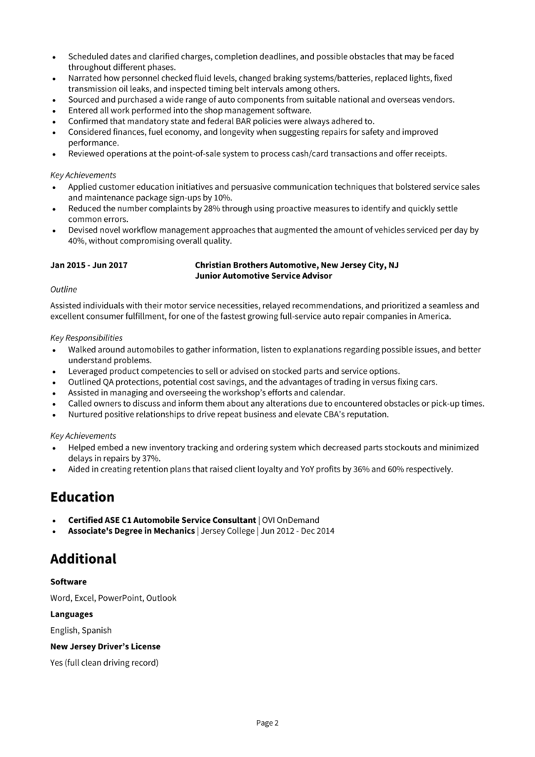 automotive service advisor resume summary