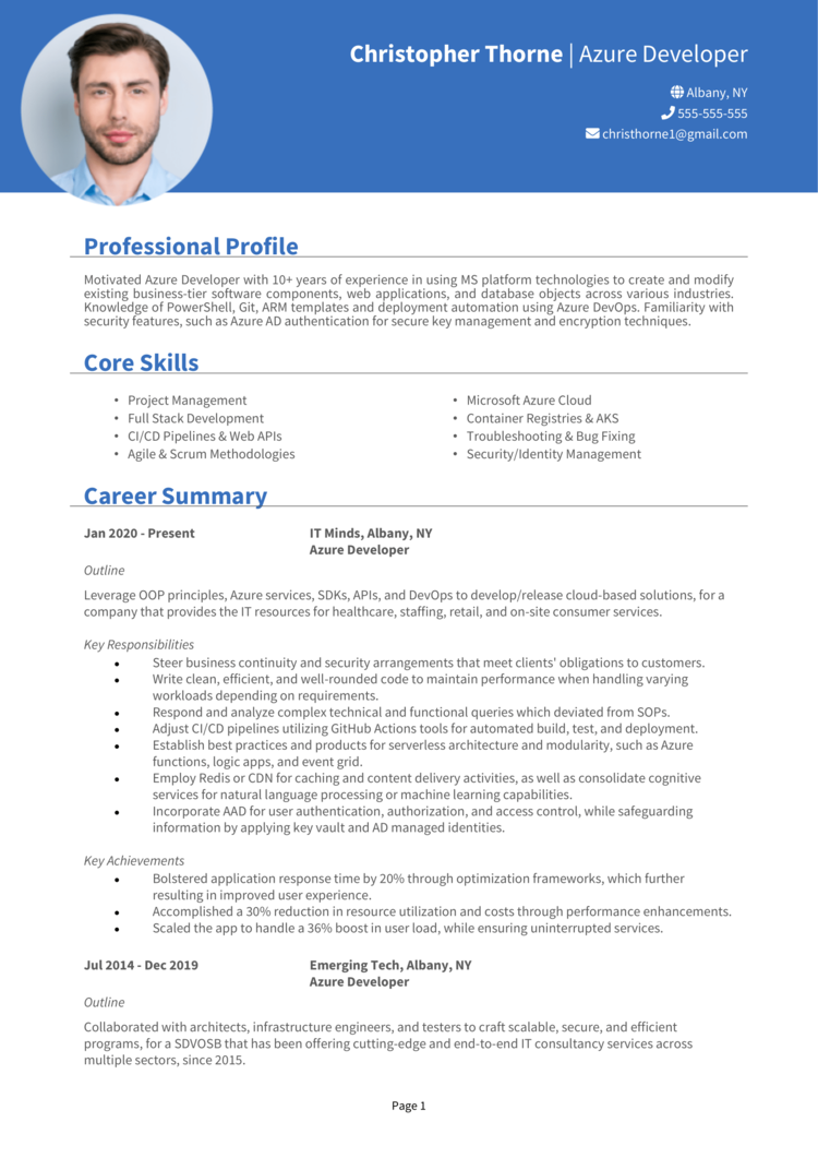 sample resume for azure developer