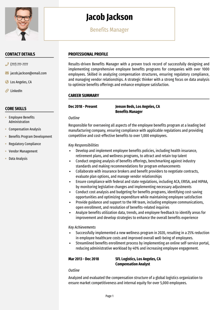 Benefits Manager Resume 1