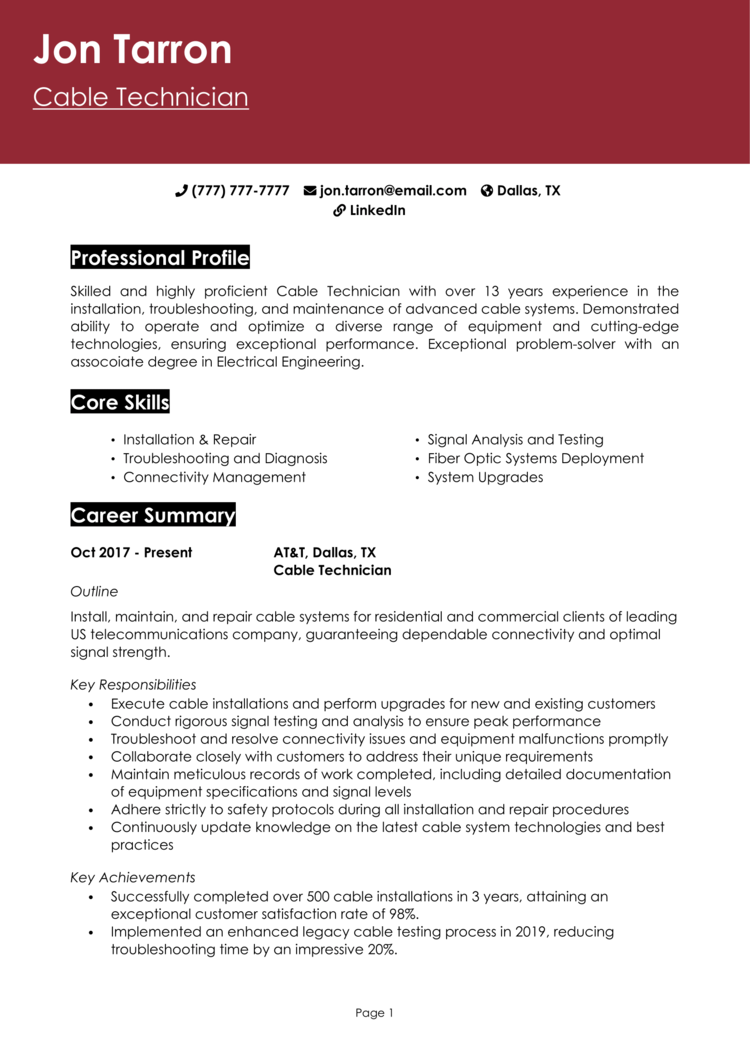 Cable Technician Resume Example And Guide Get Hired 