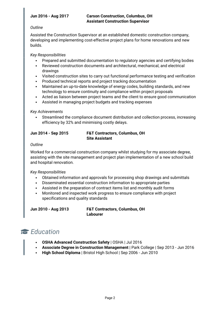 Construction Supervisor Resume Example Guide Get Noticed   Construction Supervisor Resume 2 