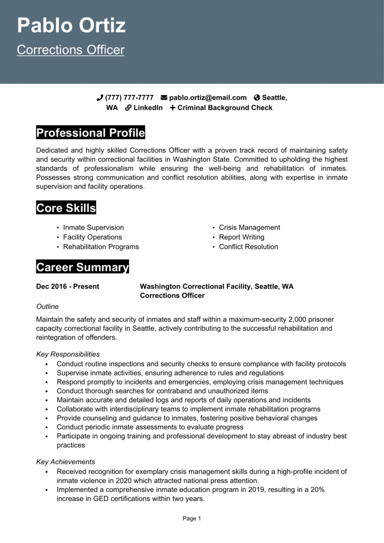 Corrections Officer Resume 1