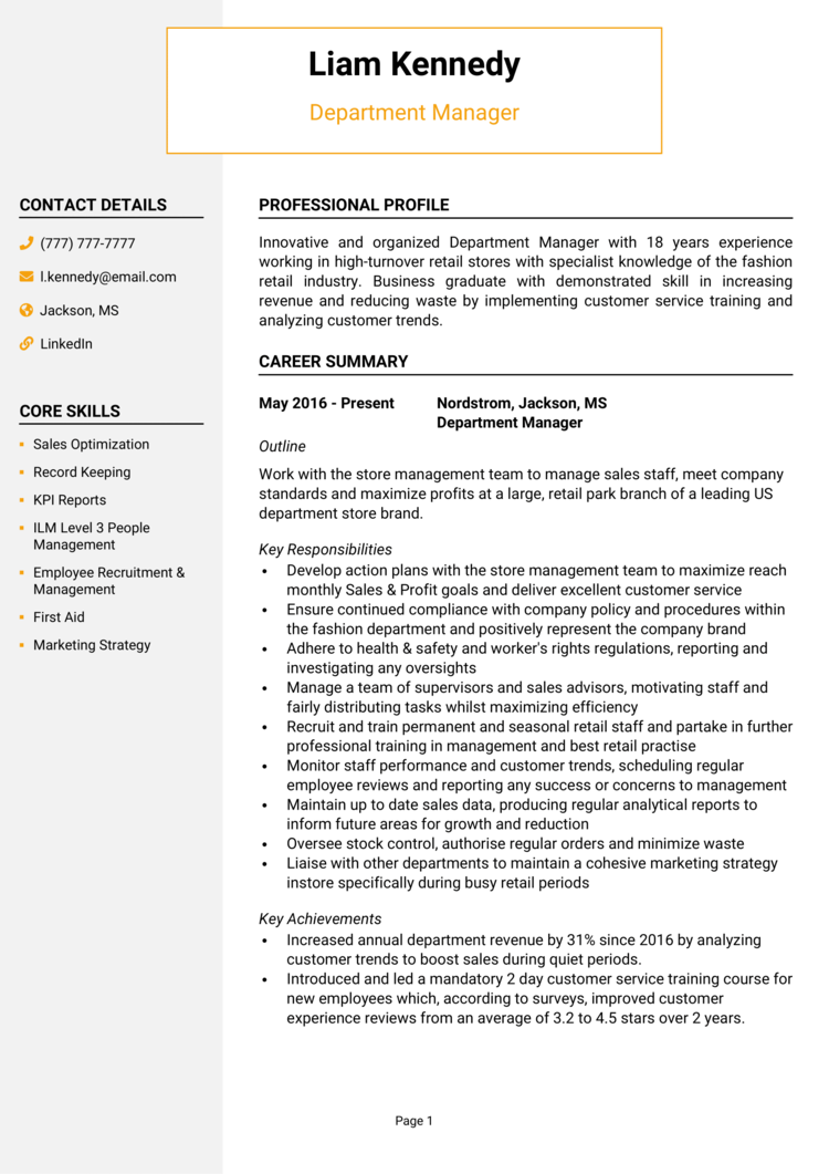 resume head of department